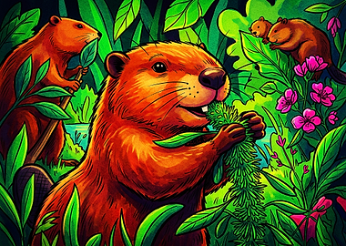 Beavers in a Lush Forest