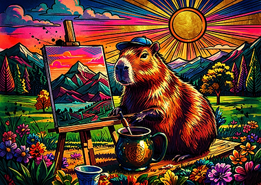 Capybara Artist Painting in Nature