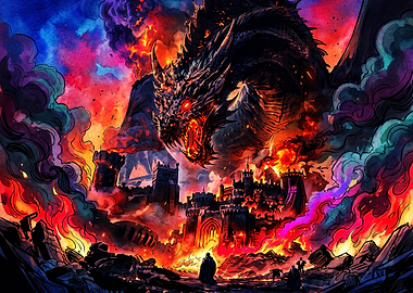 Dragon Attacking Burning Medieval Castle