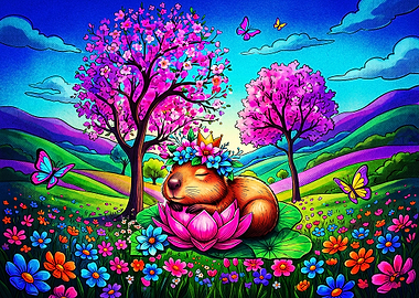 Cute Wombat Sleeping on Lotus Flower