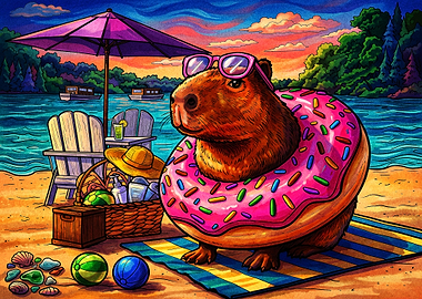 Capybara Relaxing on Beach with Donut