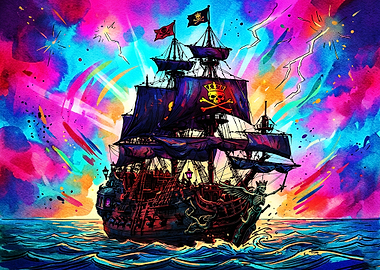 Psychedelic Pirate Ship at Sea