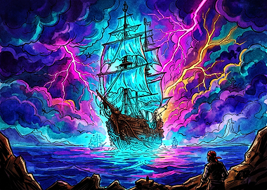 Ghost Ship in Neon Storm