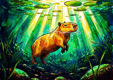 Capybara Swimming in Sunlit Water