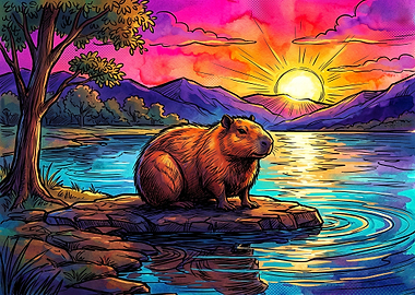 Capybara at Sunset by the Lake