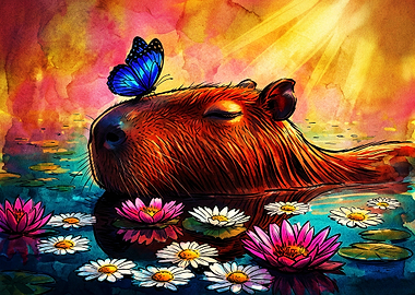 Capybara with Butterfly in Water
