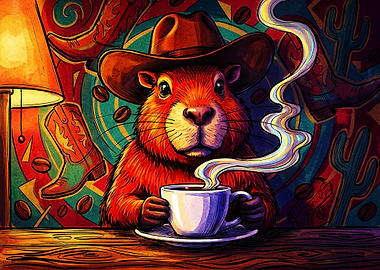 Cowboy Groundhog Drinking Morning Coffee