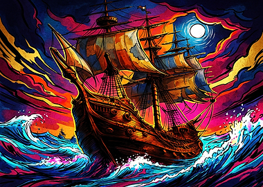 Vibrant Galleon Sailing Through Stormy Seas
