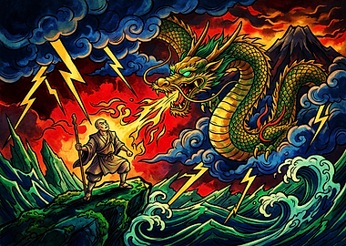 Monk Facing a Fire-Breathing Dragon
