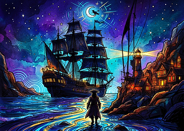 Pirate Ship at Night Fantasy Art