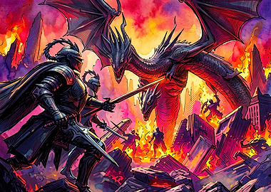 Knights Battling a Dragon in Ruins