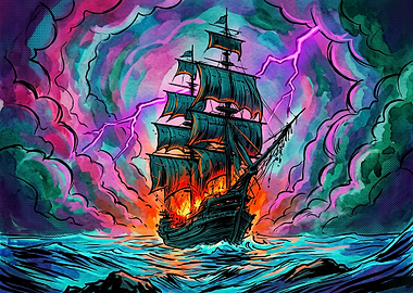 Burning Pirate Ship in Stormy Sea