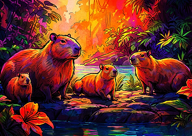Vibrant Capybara Family in Jungle