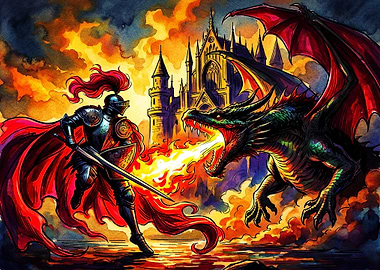 Knight Battling Fire-Breathing Dragon