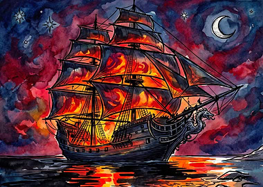 Burning Ghost Ship at Night