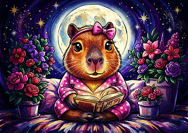 Cute Capybara Reading Under Moonlight