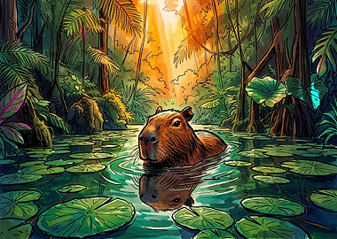 Capybara Swimming in Tropical Jungle