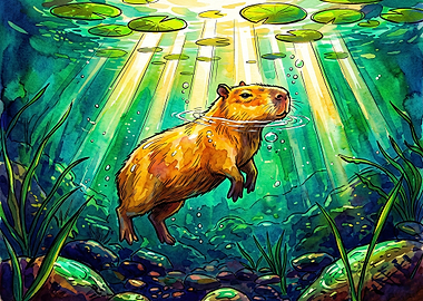 Capybara Swimming Underwater Watercolor Illustration