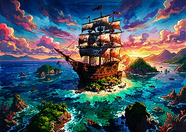 Pirate Ship Anchored at Tropical Island