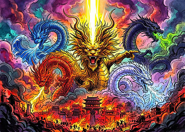 Epic Elemental Dragon Battle Illustration