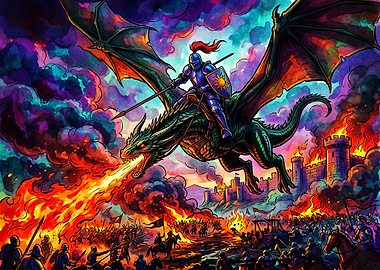 Knight Riding Dragon Over Battlefield