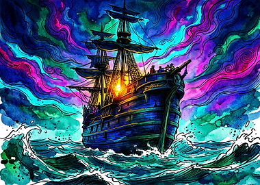 Vibrant Watercolor Galleon at Sea