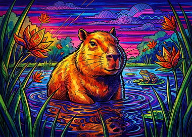 Vibrant Psychedelic Capybara in Pond
