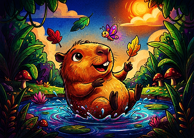 Happy Capybara Playing in Pond