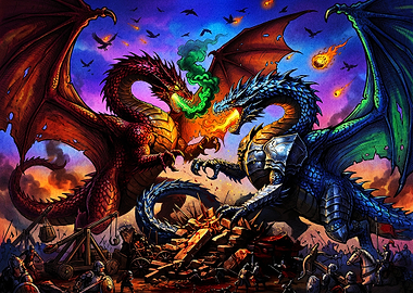 Epic Battle of Red and Blue Dragons