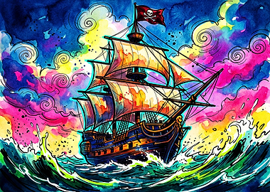 Vibrant Watercolor Pirate Ship at Sea