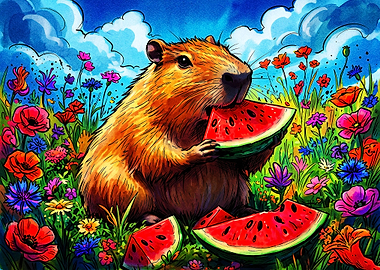 Capybara Eating Watermelon in Wildflowers