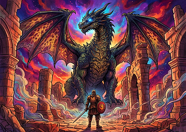 Knight Facing a Majestic Dragon