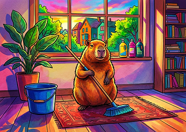 Capybara Cleaning the Living Room