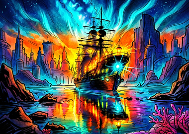 Neon Fantasy Ship in Magical Harbor