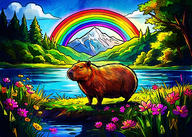 Capybara in a Vibrant Rainbow Landscape