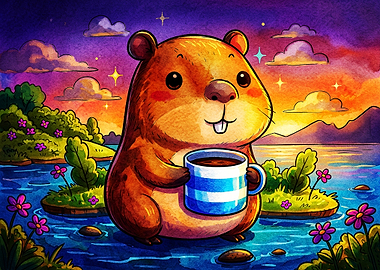 Cute Capybara Drinking Coffee at Sunset