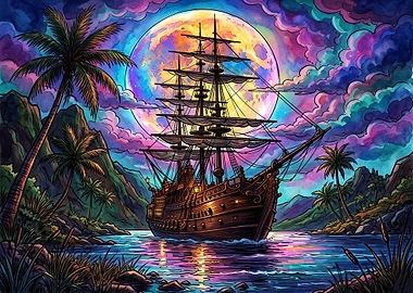Mystical Pirate Ship Under Full Moon