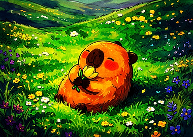 Cute Capybara Holding a Yellow Flower