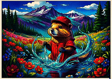 Cute Beaver Playing in Mountain Stream