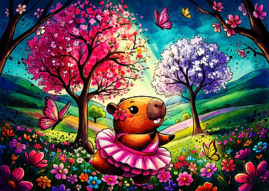 Cute Capybara Ballerina in Spring Meadow