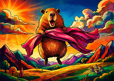 Superhero Capybara Flying Over Landscape