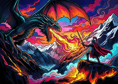 Knight Fighting a Fire-Breathing Dragon