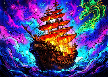 Psychedelic Fantasy Ship in Cosmic Sea