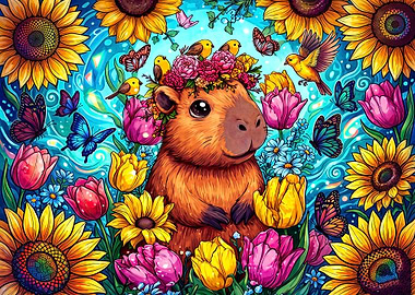 Cute Capybara in Floral Garden