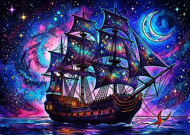 Cosmic Sailing Ship Under Crescent Moon