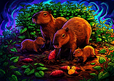 Capybara Family Harvesting Sweet Potatoes