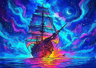 Neon Sailing Ship Under Starry Sky
