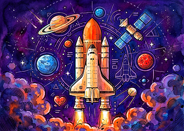 Vibrant Watercolor Space Shuttle Illustration