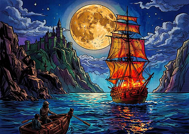 Fantasy Ship Sailing Under Full Moon