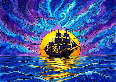 Sailing Ship Under Cosmic Moon
